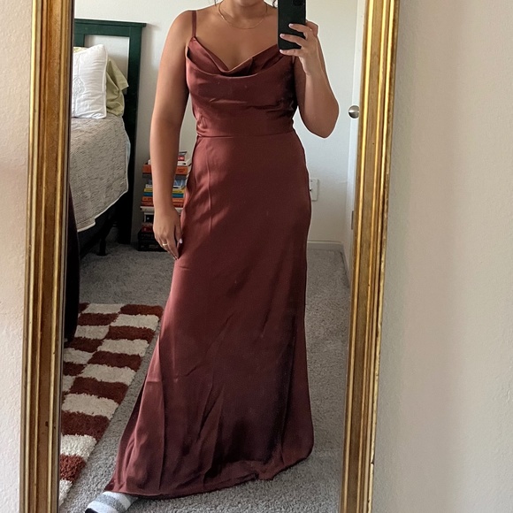 Revelry | Backless Nadia Satin Dress, Cinnamon Rose, Size 10, Petite Maxi - Picture 3 of 6